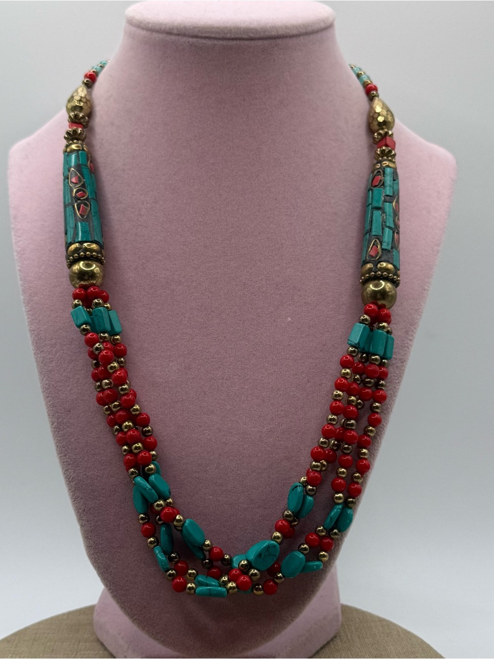 Turquoise & Red Coral Beaded Multi-Strand Necklace
